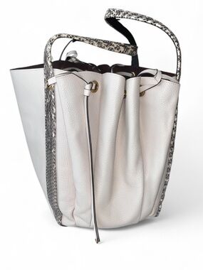 Coach White Pebbled Leather Bucket Tote with Snakeskin-Print Trim
